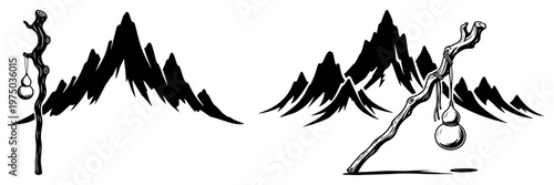 Mountain peaks with walking stick and water gourd hiking silhouette style