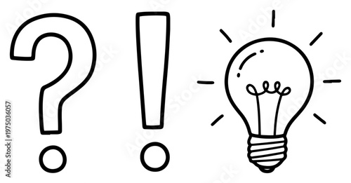 Question mark exclamation point and lightbulb representing creative idea doodle style