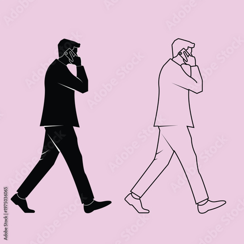 Set of silhouette and line art businessman walking while talking on a smartphone over pink background