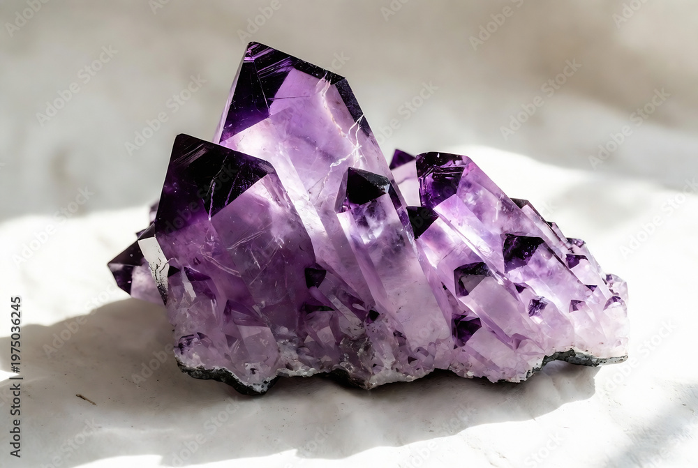 Fototapeta premium A cluster of amethyst crystals rests on a white surface, illuminated by light.
