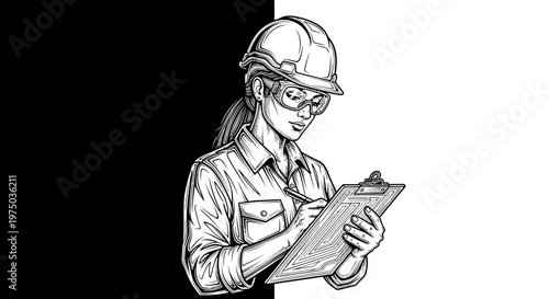Female worker with clipboard and safety gear.
