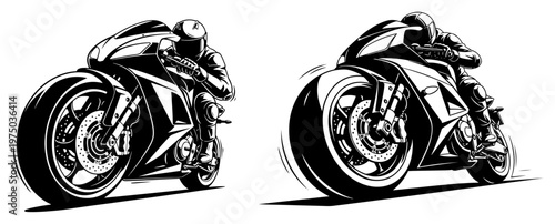 Sports motorcycle rider leaning into turn on race track dynamic line art