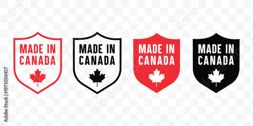 Set of Shield Made in Canada Vector Labels with Maple Leaf Icon, with transparent background vector eps file