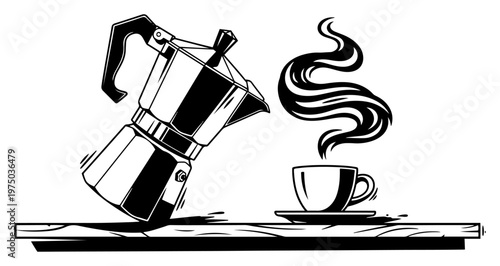 Moka pot and steaming coffee cup on counter in bold graphic ink style