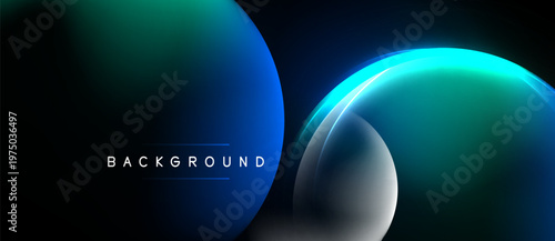 Abstract design features overlapping blue circles, gradients, dark background. Text reads BACKGROUND centered below shapes. Modern, sleek aesthetic.
