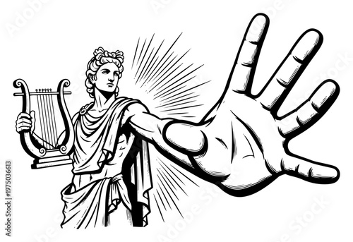 Apollo greek god holding lyre and reaching out hand in classical black and white line art style
