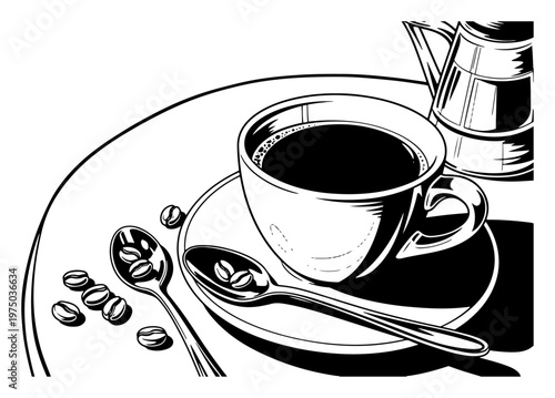 Cup of black coffee on saucer with spoons and roasted beans in high contrast artistic style