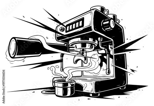 Professional espresso machine brewing fresh coffee with steam in high contrast graphic style