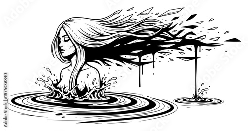 Woman emerging from liquid with hair shattering into shards in surreal ink style