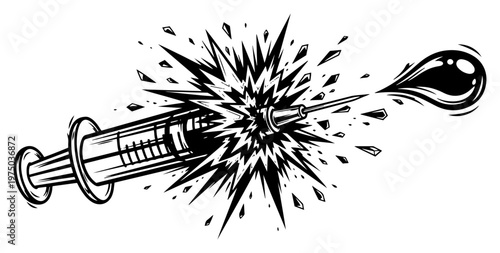Medical syringe shattering from an explosion with liquid droplet in bold graphic ink style