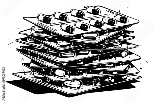 Stack of medicine blister packs with capsules and pills in detailed black and white illustrative style