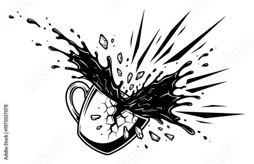 Shattering coffee mug with liquid splash and flying ceramic pieces in high contrast black and white style