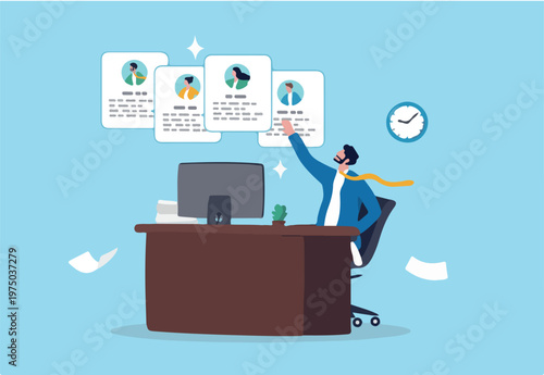 Employee management system, attendance or candidate analysis, customer management system, CRM or recruitment applicant system concept, businessman manage people with employee online applicati