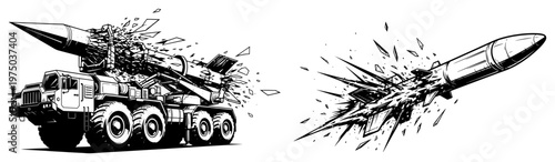 Military missile launcher truck and flying rocket with explosion effects in black and white dynamic graphic style