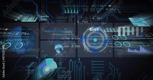On load multi-panel HUD sliding strips, rotating target, sweeping sonar, providing analytics