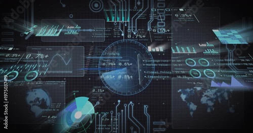 Central dashboard rotating, filling pie segments after circuit pulses, updating fiscal metrics