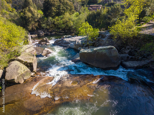 Mountain river flowing over rocks and through forest