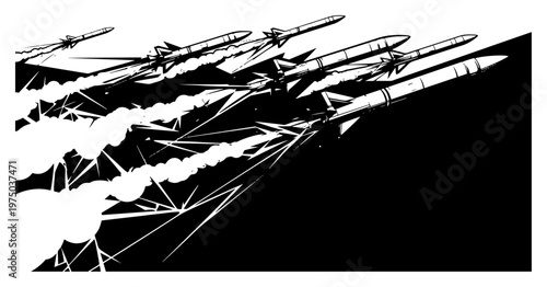 Multiple missiles flying with smoke trails against geometric sky background in black and white dynamic style