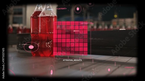 Vertical video: ATTENTION_WEIGHTS appearing, nodes scanning two bottles moving on belt for QC
