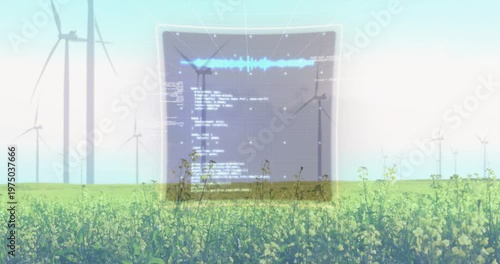 Hologram monitoring UI activating over wind farm, analyzing turbines, pulsing ring, scrolling code