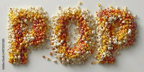 Popcorn arranged to spell pop, showcasing different colors and styles of popcorn on a plain background