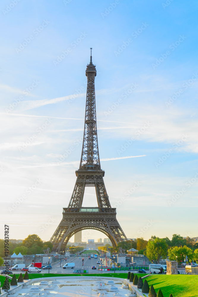 Fototapeta premium Eiffel Tower from Trocadero at sunrise, Paris, France, retro toned