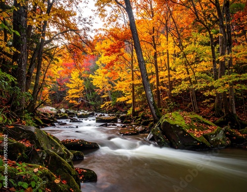 A vibrant autumnal scene of a flowing river nestled amidst a forest filled with colorful foliage, mossy rocks