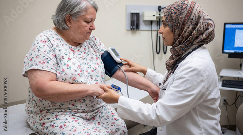 Doctor measuring blood pressure of obese patient during medical checkup