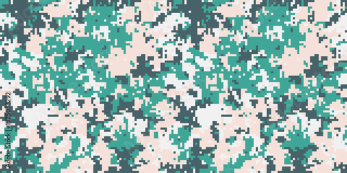 Abstract digital camouflage pattern in teal and blush pink.  Seamless texture ideal for fashion, textile design, or website backgrounds.  Modern, stylish, and versatile.