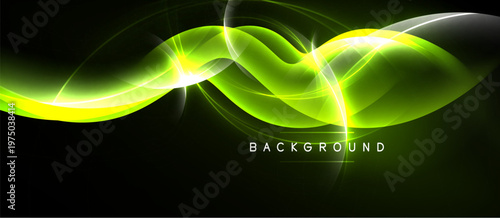 Bright green energy flows across black space. Dynamic curves create abstract light patterns. Text reads background.