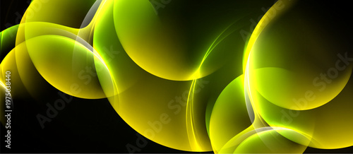 Abstract yellow shapes overlap black background. Glowing lines create dynamic, modern visual effect. Smooth curves suggest energy, movement.