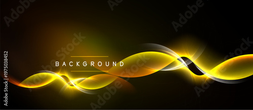 Abstract golden waves over dark backdrop. Dynamic lines create flowing, luminous effect. Modern design element for presentations.