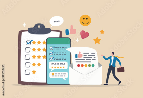 Customer survey, feedback to improve service, online and offline survey, review or poll rating, user satisfaction report or questionnaire concept, man with survey on clipboard paper, mobile a