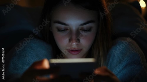 A woman sitting in bed, looking at her phone. The video has a glitch effect overlay.