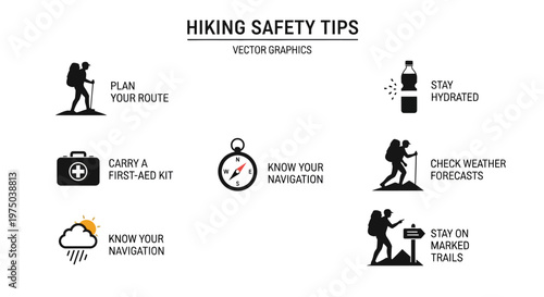Hiking safety tips vector graphics icons.