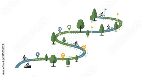 Winding bicycle path illustration with cyclists trees and location pins.