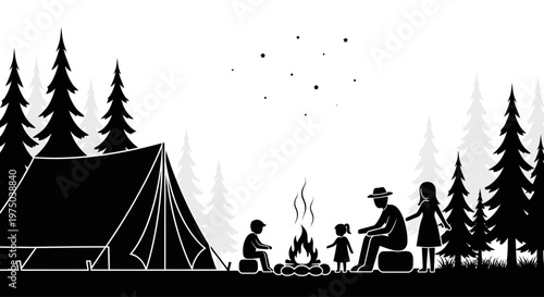 Family sitting around a campfire near a tent in the forest silhouette illustration.