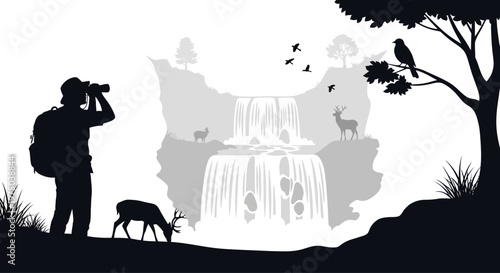 Silhouette of a hiker with a backpack using binoculars to observe wildlife in a scenic landscape.