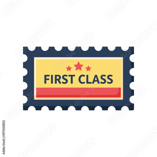 A dark blue postage stamp with a yellow rectangular frame and red stripe contains the words first class and three red stars above, representing premium mail delivery service, postage stamp design.