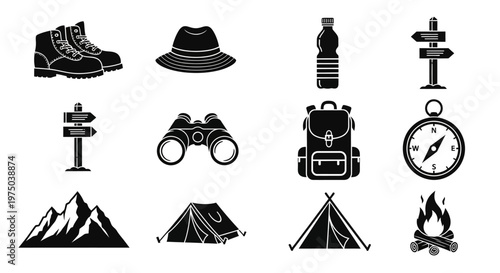 Camping gear and outdoor adventure icons.