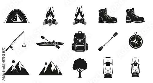 Camping gear and outdoor equipment icons.