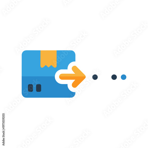 Package delivery tracking concept with a blue box, an orange arrow, and three dots representing the journey of a parcel from sender to its destination, indicating progress.
