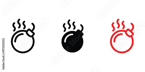 Minimalist bomb icon set, round explosive weapon with burning fuse, black and red line art vector symbols for gaming and security