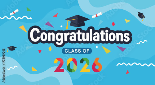 Celebration of the graduating class of 2026 with festive confetti and academic caps