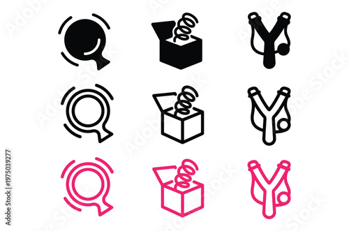 Minimalist toy icons set featuring 9 vector elements, prank jack in the box and slingshot symbols, simple line art and solid black play icons