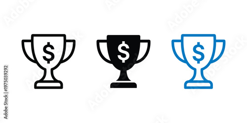 Financial trophy icon set with dollar sign, business award vector collection, money prize symbols in outline and solid styles for success