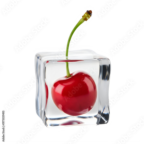 A red cherry inside a clear ice cube isolated on transparent background