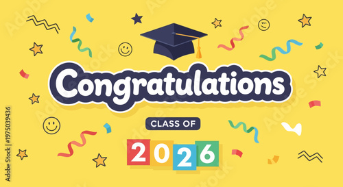 Vibrant celebratory illustration for graduation in 2026 featuring a diploma cap and colorful confetti background