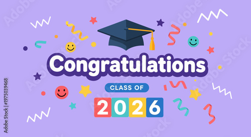 Celebratory graduation announcement featuring caps, colorful confetti, and cheerful icons for the class of 2026