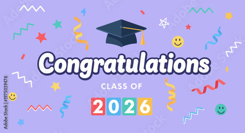 Celebratory graduation announcement for the graduating class of 2026 with festive confetti and cheerful symbols on a purple